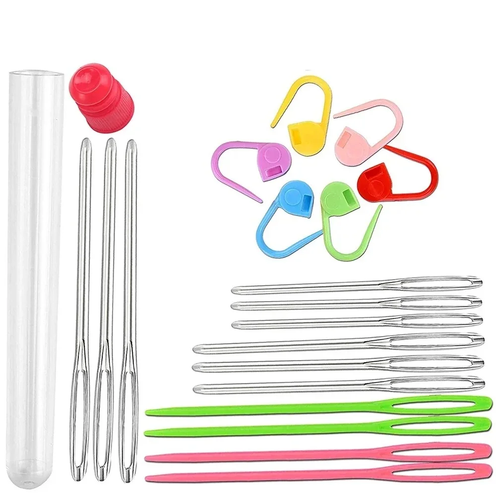 26Pcs sewing knitting kits large eye blunt yarn needles plastic weaving needles crochet locking counter stitch markers