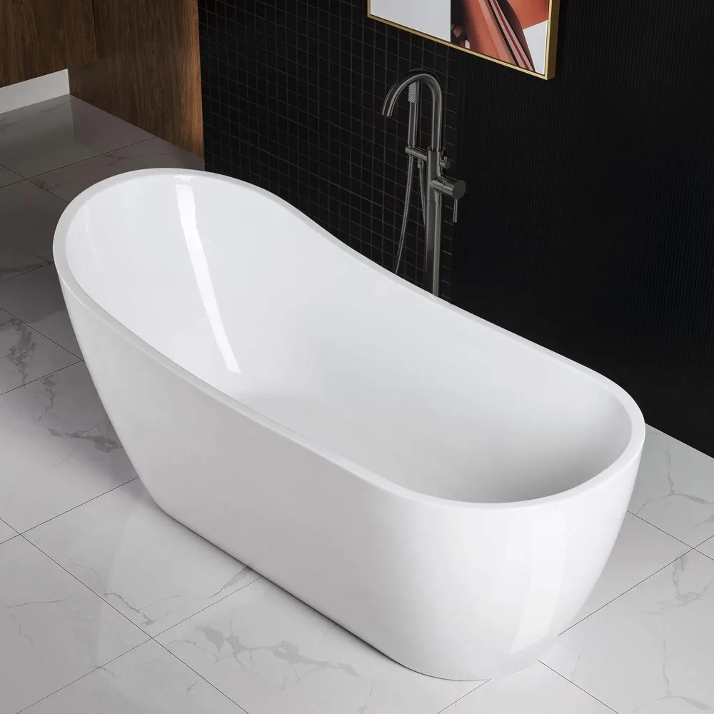 67" Acrylic Freestanding Bathtub Tub with Matte Black Overflow and Drain，Bottom with Stainless Steel Bracket Makes，Soaking Tub 6
