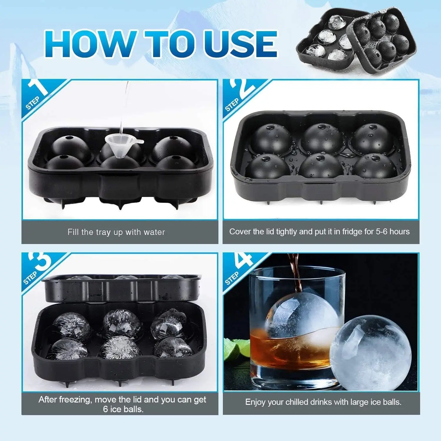 Ice Cube Mold Silicone Ice Cube Trays Ice Ball Maker Large Square Mold BPA Free Whiskey Cocktail Reusable Freezer Container with Lids Drinks ice cube mold