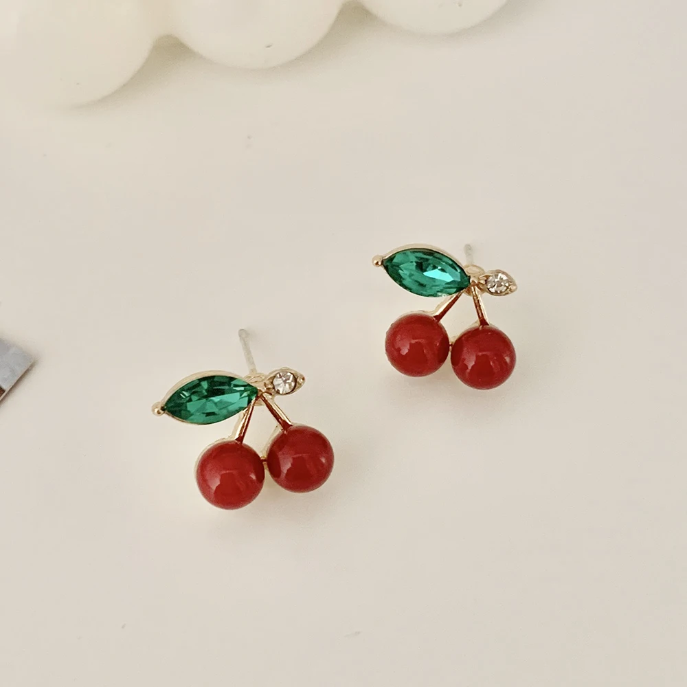 Two Fresh and Cute Cherry Pendant Earrings with Sparkling Green