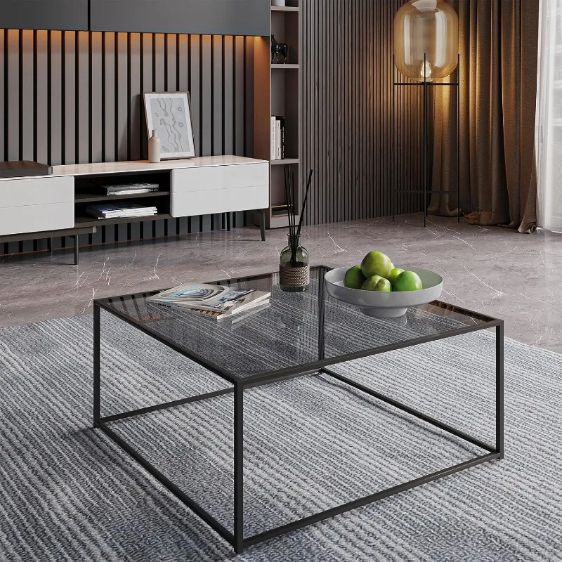 Glass Coffee Tables for Living Room Square Modern Center Table for Small Space,Tempered Glass-top with Sturdy Metal Frame Sofa 5