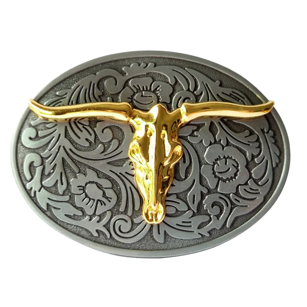 

Cheapify Dropshipping Oval Western Cowboys Animal Big Golden Bull's Head Floral Alloy Metal Man Belt Buckles 40mm