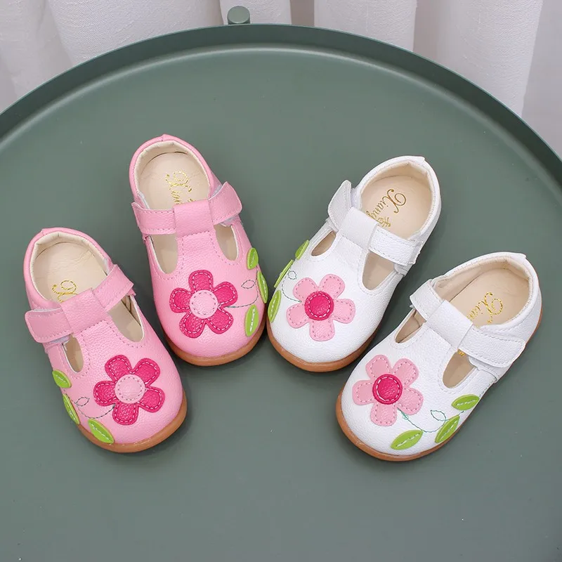 Children Leather Shoes Sweet Chic Princess Shoes for Girls Walking Causal Hollow-out Kids Fashion Flat Non-slip Hook Loop