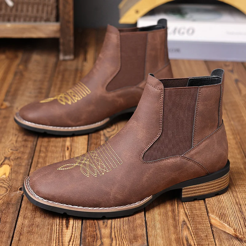 Retro Chelsea Boots Men Shoes PU Brown Embroidery Business Casual British Style Street Urban Wear Classic Black Ankle Boots