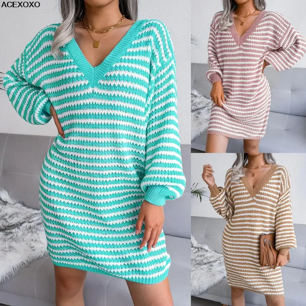 

In the cold wind make Europe and the United States new winter stripes hollow hair dress women knit dress
