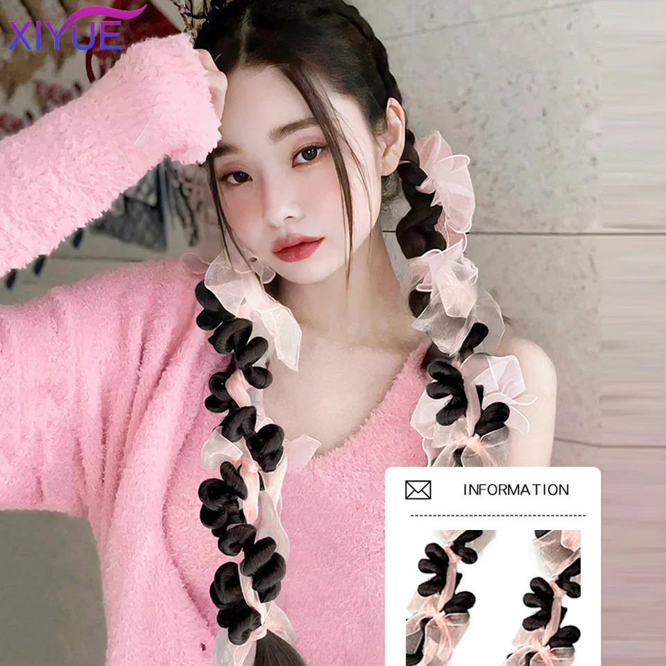 XIYUE 2PC Pink Ribbons tTwisted Tail Clip In Ponytail Hair Extension Heat Resistant Synthetic Natural Double Horse Tail