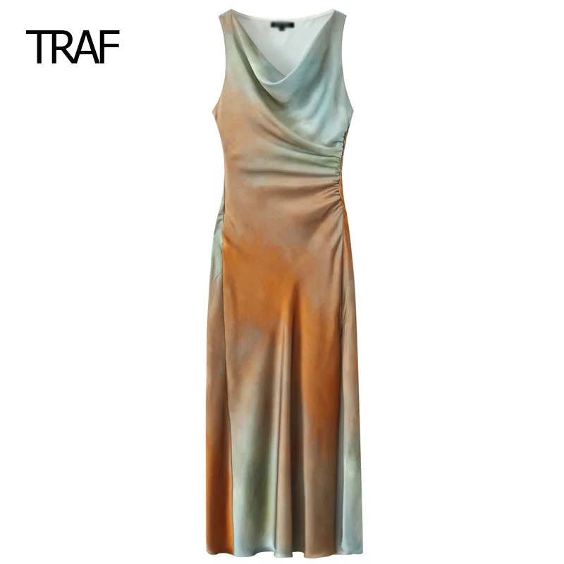 

Платье женское с оборками, без рукавов, с разрезом сбоку