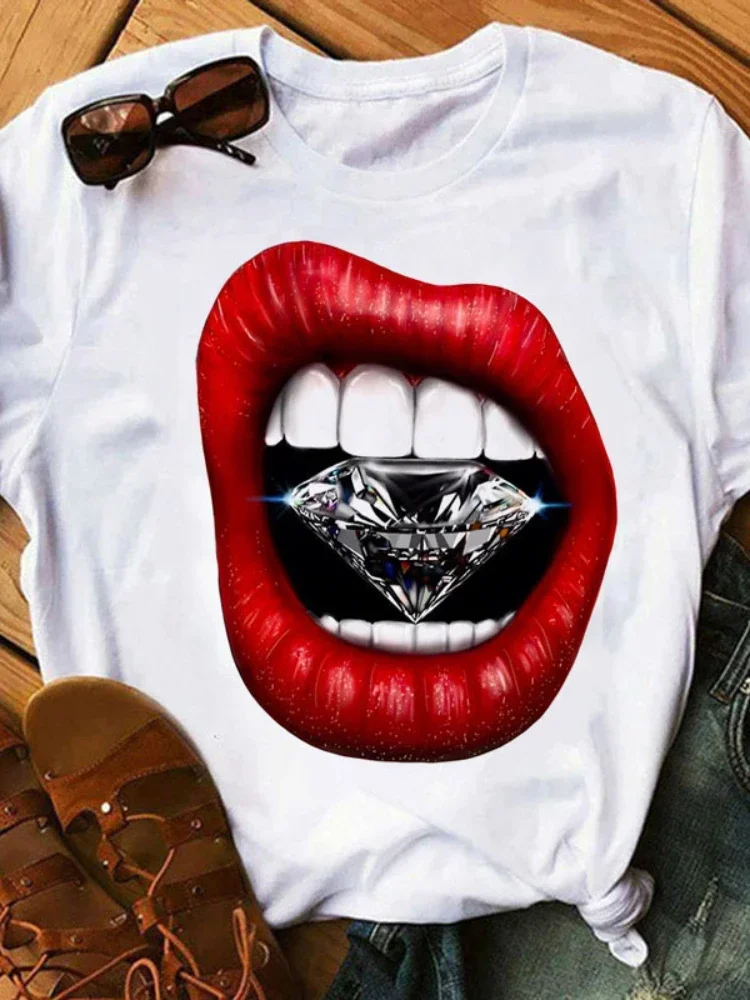 

Женская футболка с блестками и принтом губ, свободная женская футболка с коротким рукавом и круглым вырезом, Дамская Футболка, топы, одежда, женские футболки