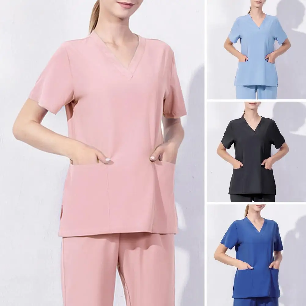 

V-neck Nurse Tops Hospital Operating Room Uniform Tops with Pockets Side Split Nurse Dental Surgery Suit Workwear for Women