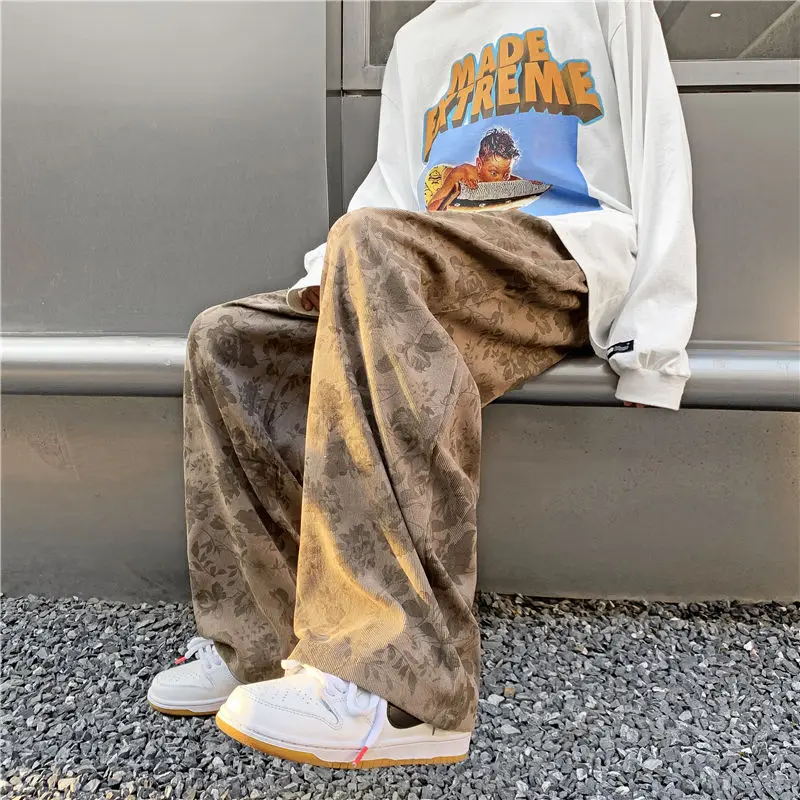 Wide Leg Pants Vintage Floral Corduroy Pants Streetwear Y2k Men Wide leg Oversize Harajuku Casual Straight Long Trousers