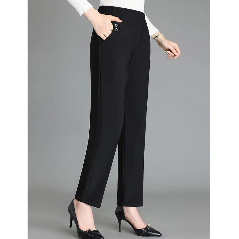 2023Autumn Winter Middle-aged Elderly Women Fashion Lamb Thick Warm Pants Ladies High Waist Elegant Straight Trousers Pantalones