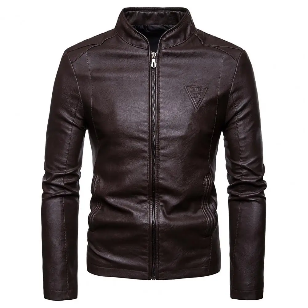Spring Autumn Men's Motorcycle Leather Jacket Solid Stand Collar Jackets Fashion Casual Trend Windproof Coat Streetwear