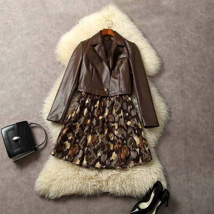 

Europe and the United States women's 2024 winter new Long sleeve leather jacket Printed dress fashion two-piece suit