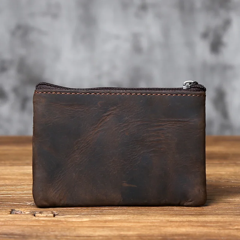 NZPJ Men's Real Leather Card Bag Vintage  First Layer Cowhide Lady's Change Purse Zipper Wallet Key Bag Driver's License Bag