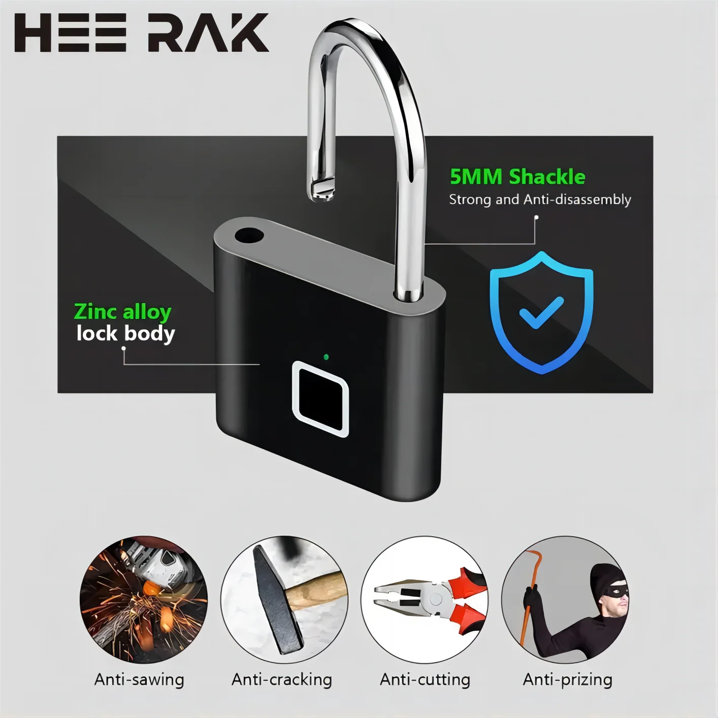 HEE RAK 키리스 USB 충전 지문 잠금 스마트 자물쇠, 방수 문짝 자물쇠, 0.2 초 잠금 해제, 휴대용 도난 방지 자물쇠, 아연