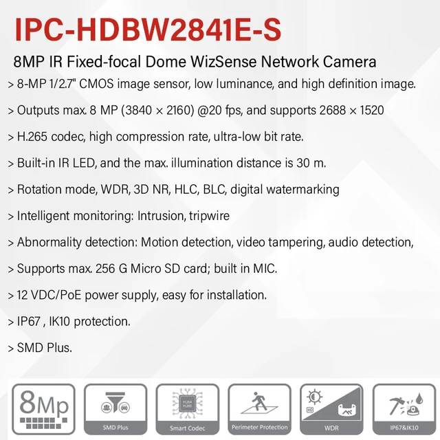 Dahua Original Outdoor 8MP 4MP IP Camera IP67 IK10 Protection IR Security Surveillance With Mic PoE Human Detection HDBW2841E-S 2