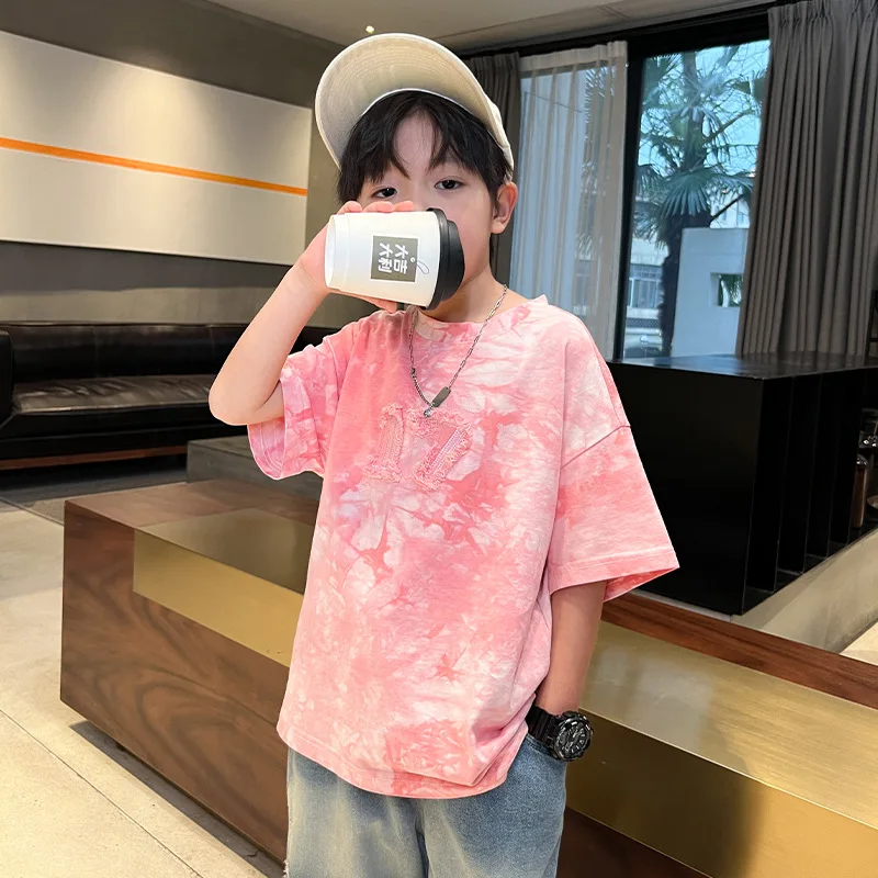 Fashion Brand Embroidered ChildrenTSummer T-shirt2024New Loose Boys' Short-Sleeved Shirt Middle and Big Children's Half-Sleeved