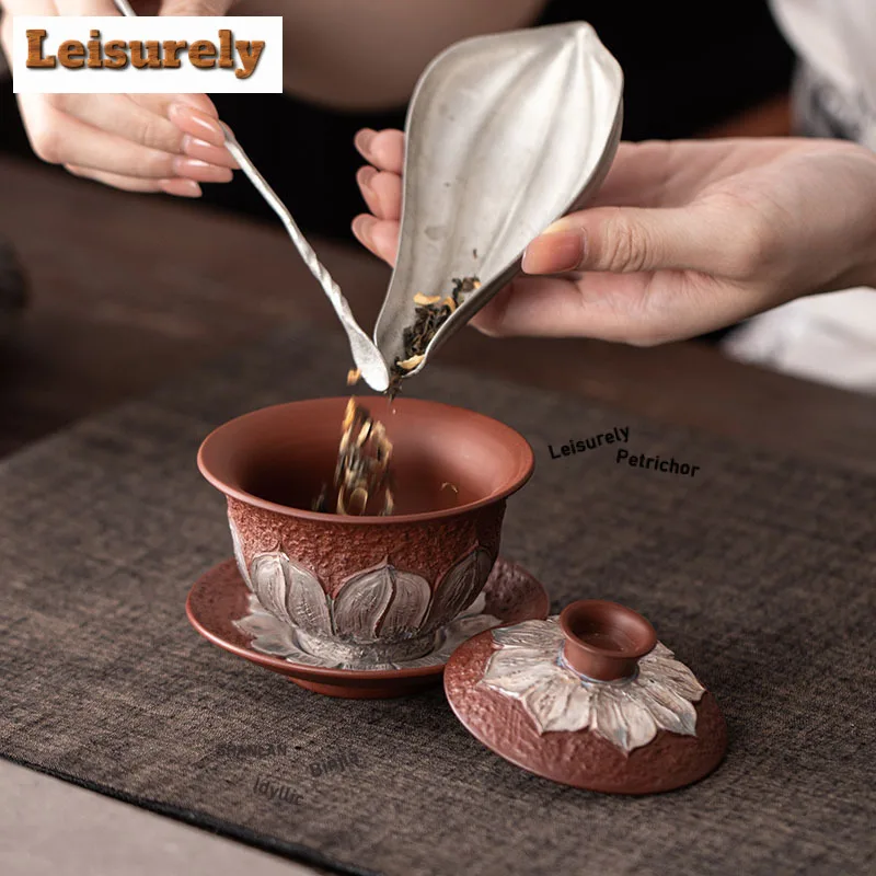 120ML Sier-plated Clear Lotus Gaiwan Zen Tea Tureen Household Tea Bowl With Lid Kit Tea Brewing Cover Bowl Drinkware Ornaments