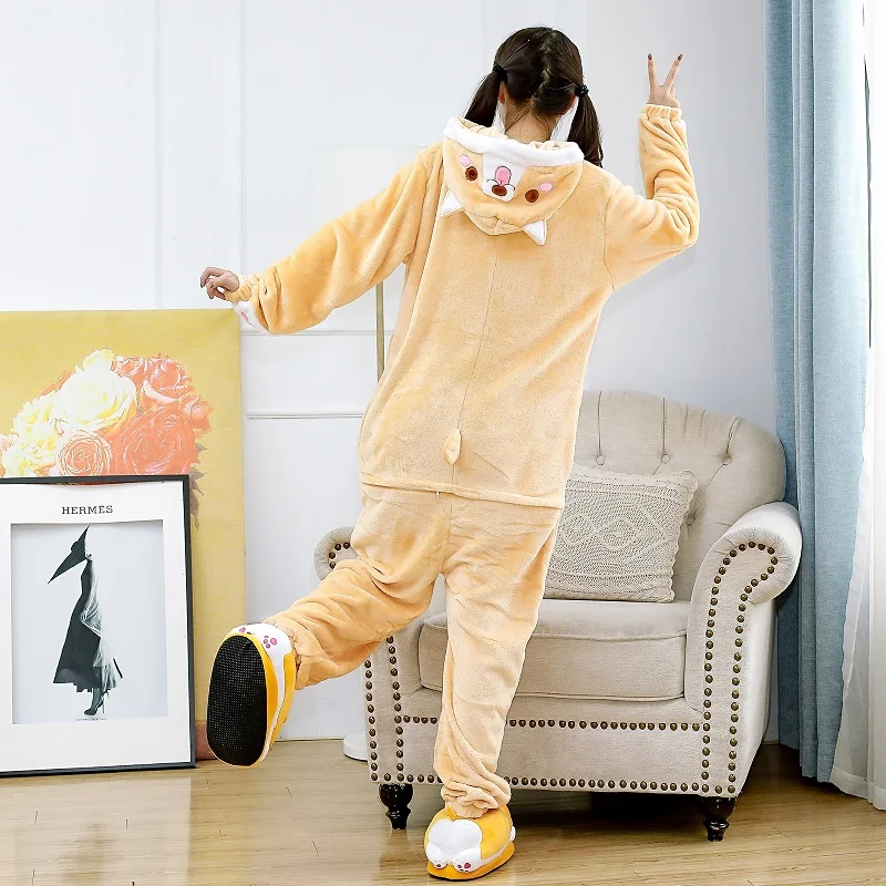 Adults Women Men Animal Corgi Husky Onesies Pajama Flannel Kigurumi Cartoon Dog Cosplay Warm Winter Homewear Jumpsuit