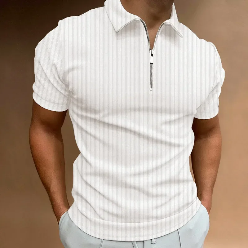 

Men's Fashion Polo Shirts 2024 Summer Stripe Zipper Mens Polo Shirt Solid T-Shirt Brand Short-Sleeved Shirt Casual Slim Tops