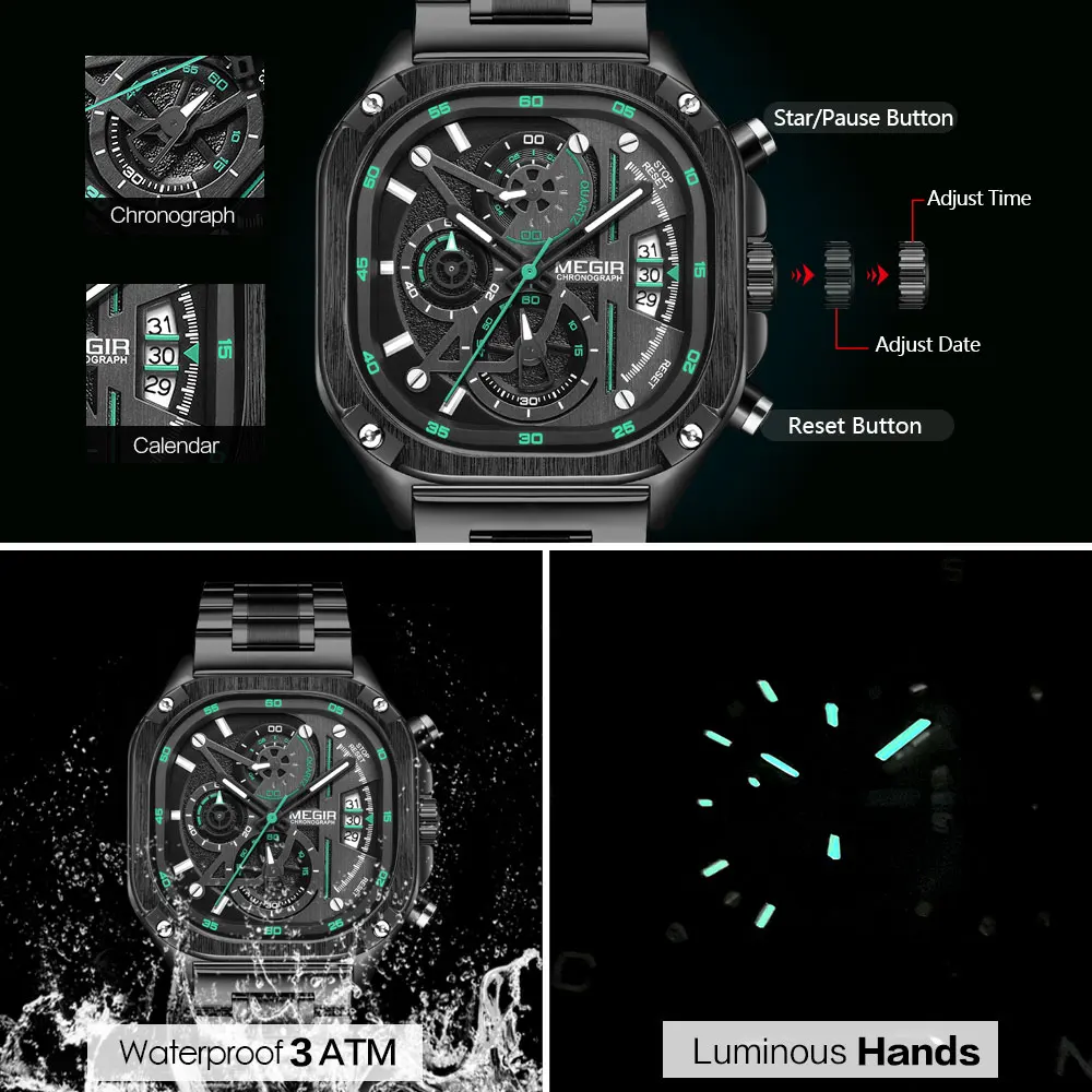 MEGIR Black Quartz Watch Men Waterproof Square Dial Wristwatch with Chronograph Stainless Steel Strap Luminous Hands Auto Date - 6
