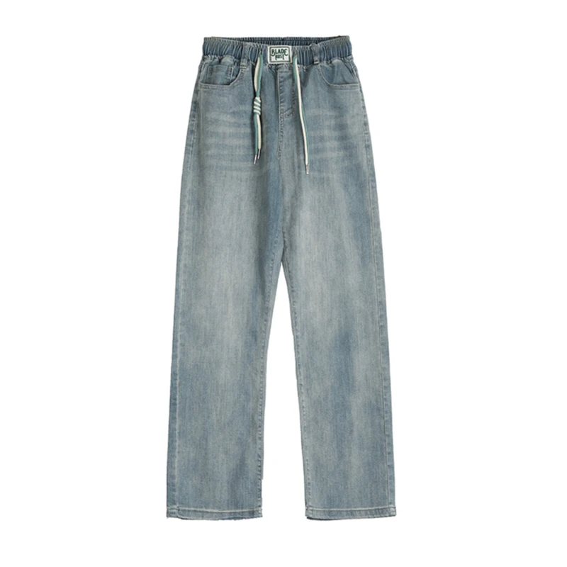 8039 Elastic High Waist Casual Loose Jeans For Women Spring Autumn Straight Drawstring Blue Wide Leg Denim Pants Female Trousers 5
