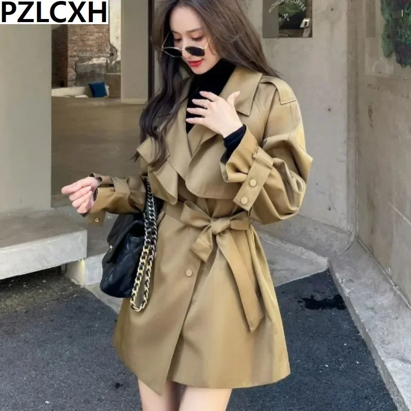 2023 New Young Waist High-end Korean Version of European Goods with Long Trench Coat Spring and Autumn Coat Female