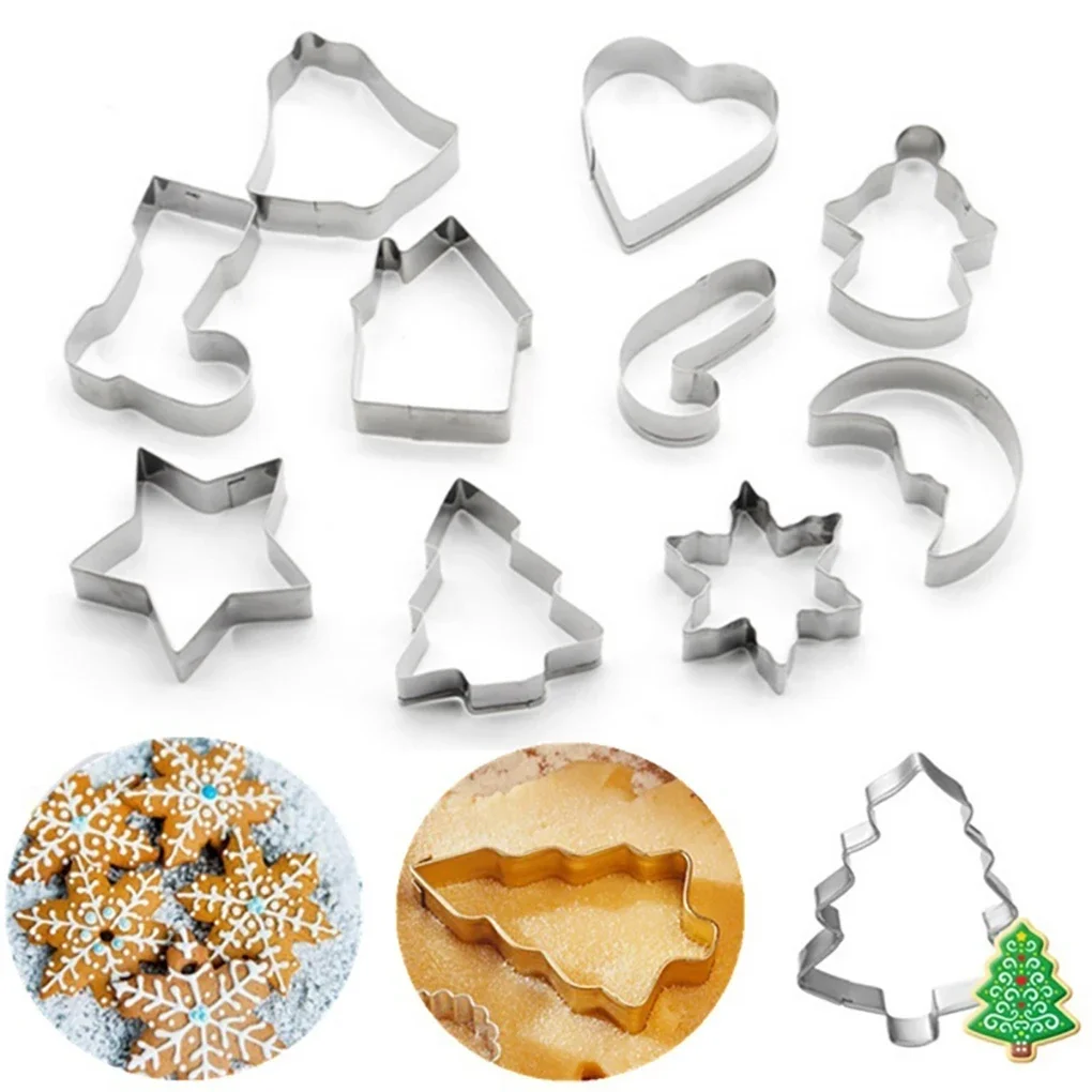 

New 10PCS/Set Stainless Steel Christmas Cookie Cutters Xmas Tree Star House Bells Snowflake Baking Cake Biscuit Fondant Mold
