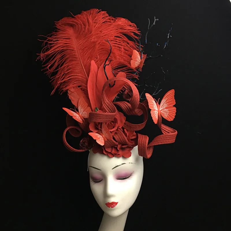 

Hand-made Luxury Red White Feather Butterfly Tassel Headdress Model Show Headwear Performing Hair Band