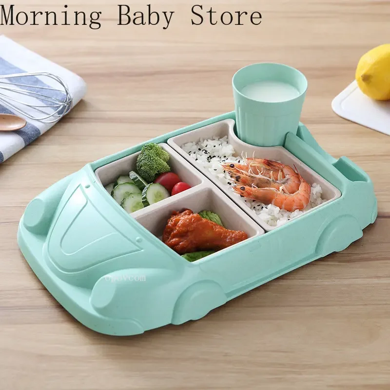 Creative Car Shape Baby Feeding Dishes Plate for Food Bamboo Fiber Baby Toddler Food Supplement Plate with Cup Tableware