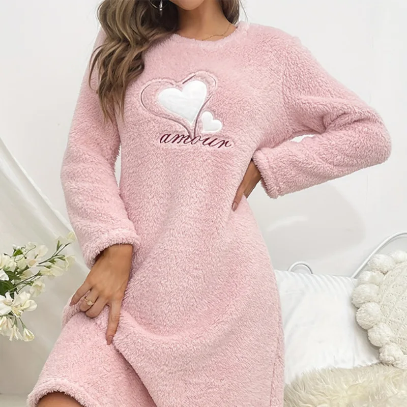 Heart Print Flannel Nightgown for Women Winter Women Long Sleeves Nightgowns Long Woman Sleepshirt Pullover Pajama Dress