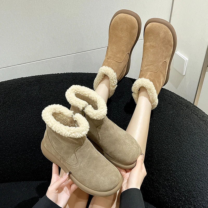 

Женские ботинки, новинка 2023, зимняя обувь, женская обувь, на плоской подошве, со шнуровкой, австралийские, с круглым носком, женские низкие, для снега, в римском стиле, текстильные ботинки