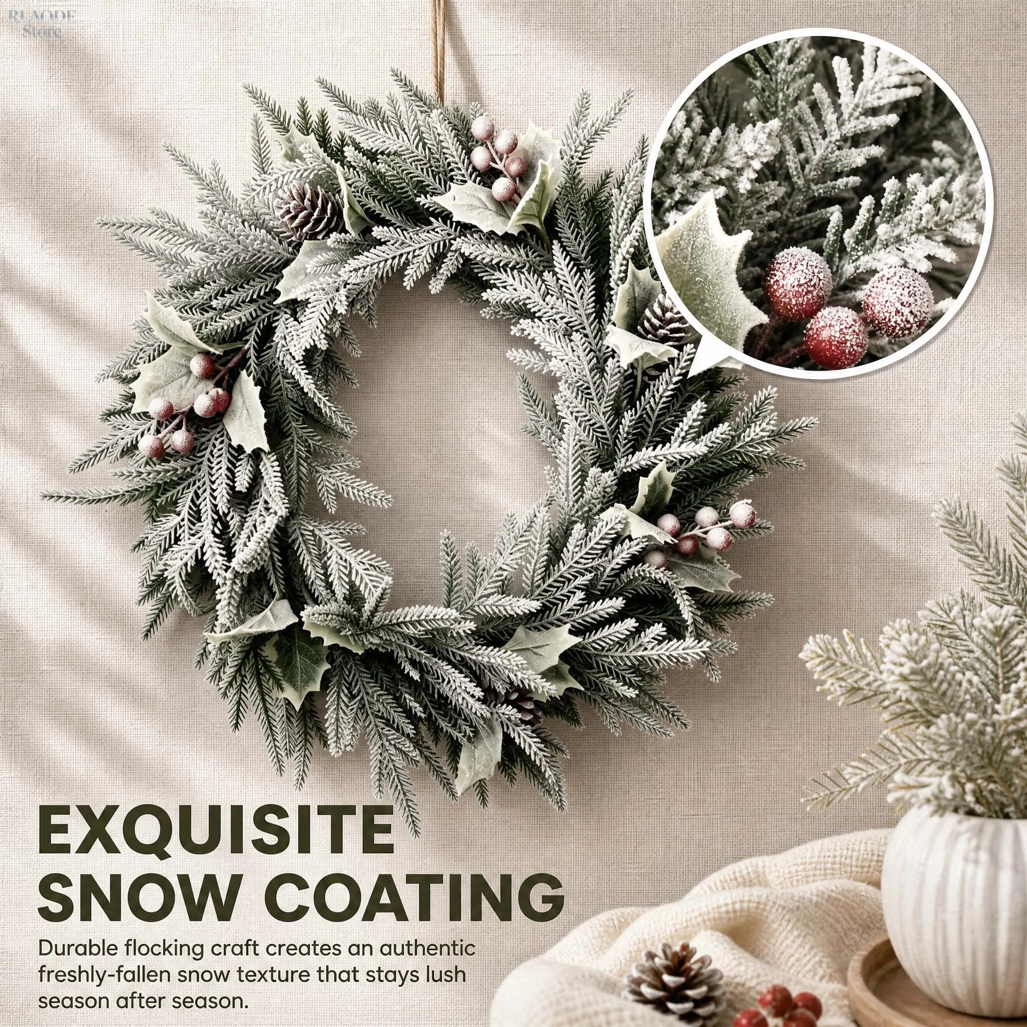 Festive Frosted Pine Wreath with Holly, Red Berries & Pinecones - Farmhouse Christmas Décor
