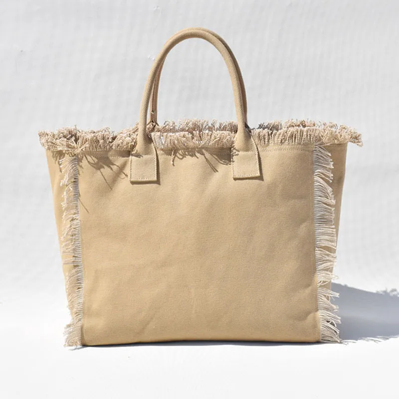 

Fringed large canvas bag Summer bag 2022 Women's beach tote bag
