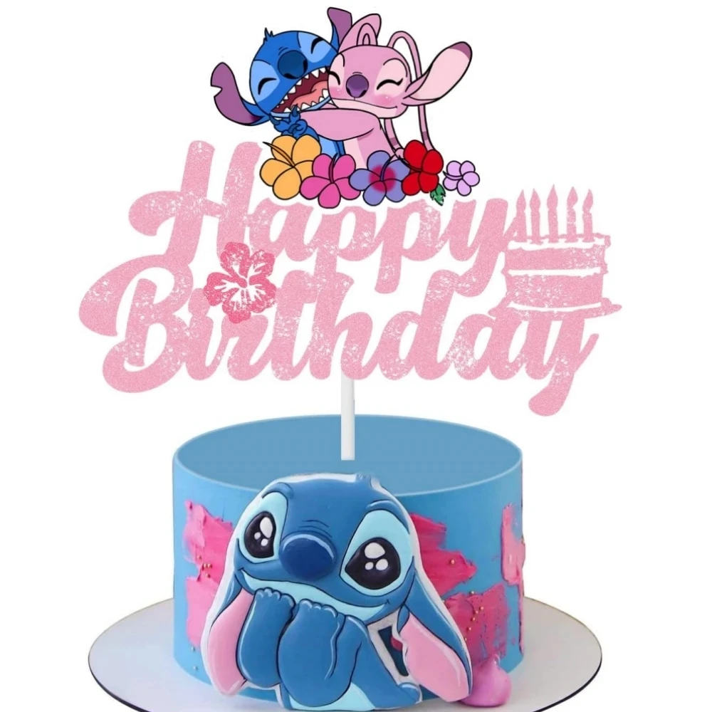 Party Supplies Disney Lilo Stitch Happy Birthday Acrylic Cake Topper Party Decoration Cake Decor Flag Baby Shower Baking DIY Kids Gift