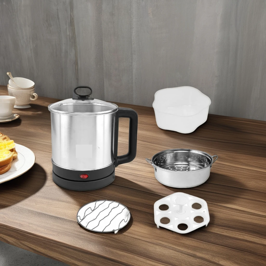 Stainless Steel Multi-Cooker Kettle with Steamer Bowl 6 Eggs Stand & Glass Lid Household Use SS Rim for Boiling