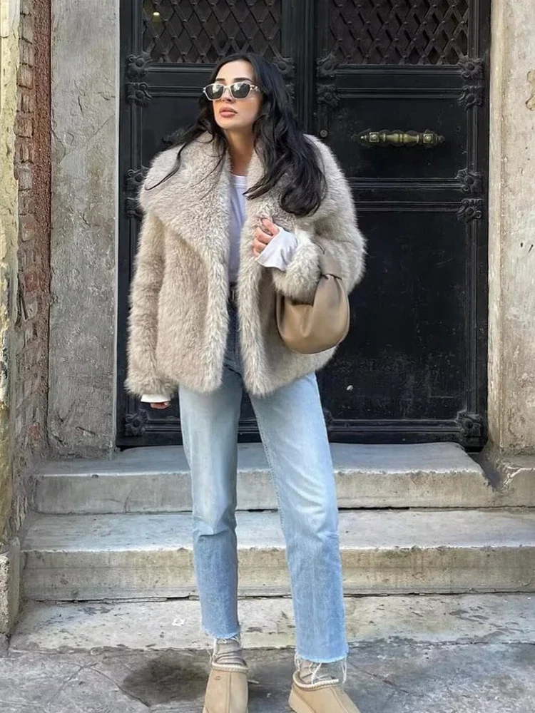 TRAF Faux Fur Coat Plush Fluffy Women's Jacket 2024 Woman Autumn Winter New in Outerwears White Red Gray Black Wool Blends Coats 6