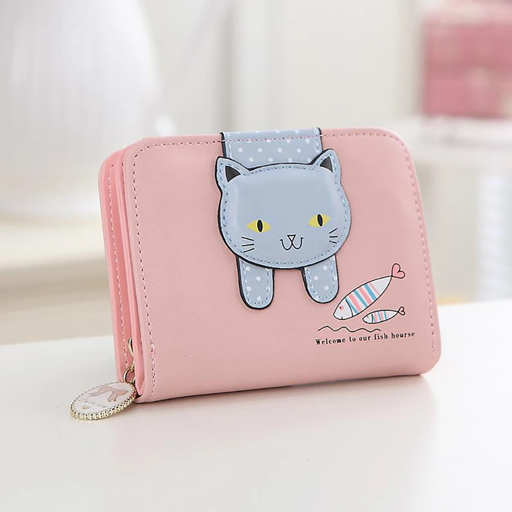 

Zipper Closure Money Cute Cat Short Coin PU Leather Portable Cartoon Folding Hasp Gift Card Women Wallet