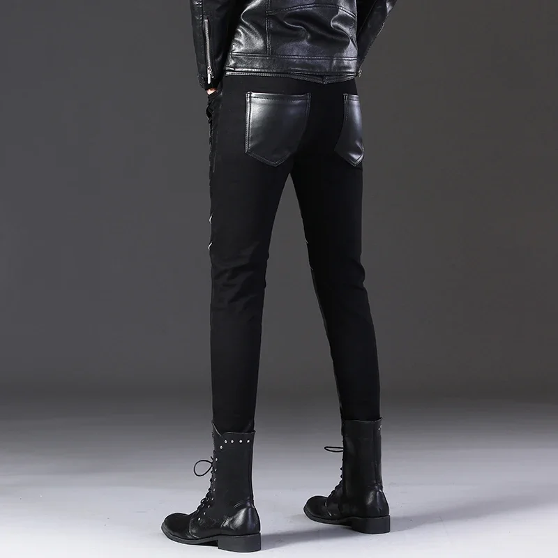 HOO 2024 Men's Slim-Fit Leather Pants Teen Trend Semi-Leather Pants Fashion Stitching Skinny Leather Pants