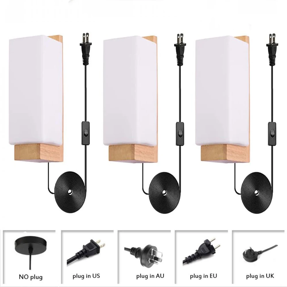 

Nordic Wall Lamps with Milky White Glass Lampshade, Plug In Wooden Wall Sconces Set of 3, Simplicity Wall Light Fixtures