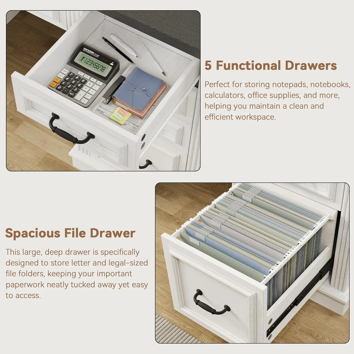 57" Lift Desktop Executive Desk with 6 Drawers and Charging Station, Wood Home Office Computer Desk with File Cabinet Storage