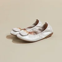 Genuine Leather Women's Flat Shoes Women Buckle Round Toe Slip on Ballet Flats Lazy Loafers Moccasins Ladies Casual Flats Shoes 1