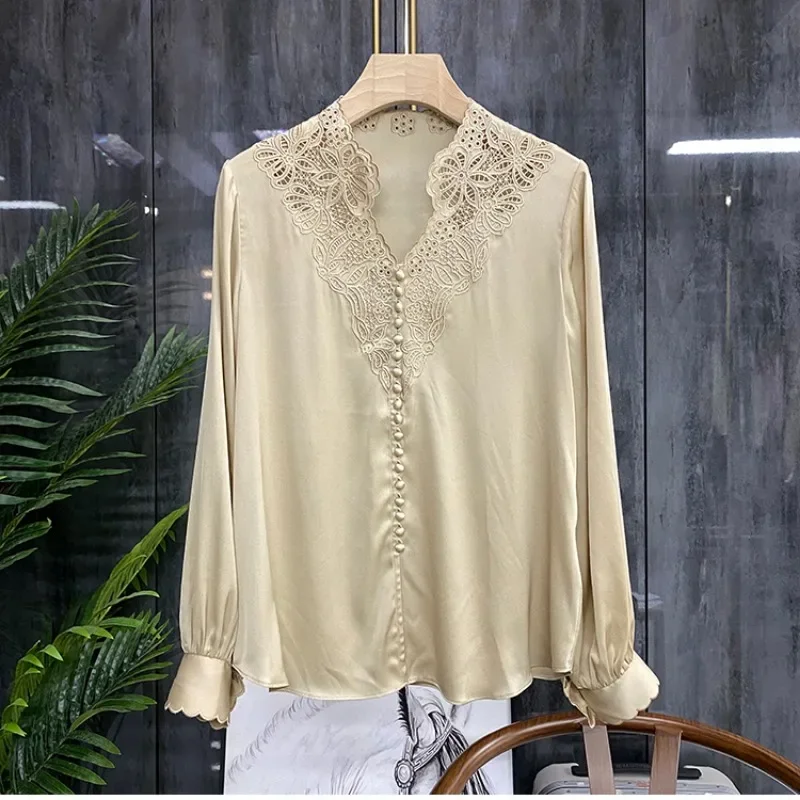 

Satin Embroidery Women's Shirts Silk Chinese Style Blouses V-Neck Ladies Clothing Loose Full FASHION Vintage Tops YCMYUNYAN