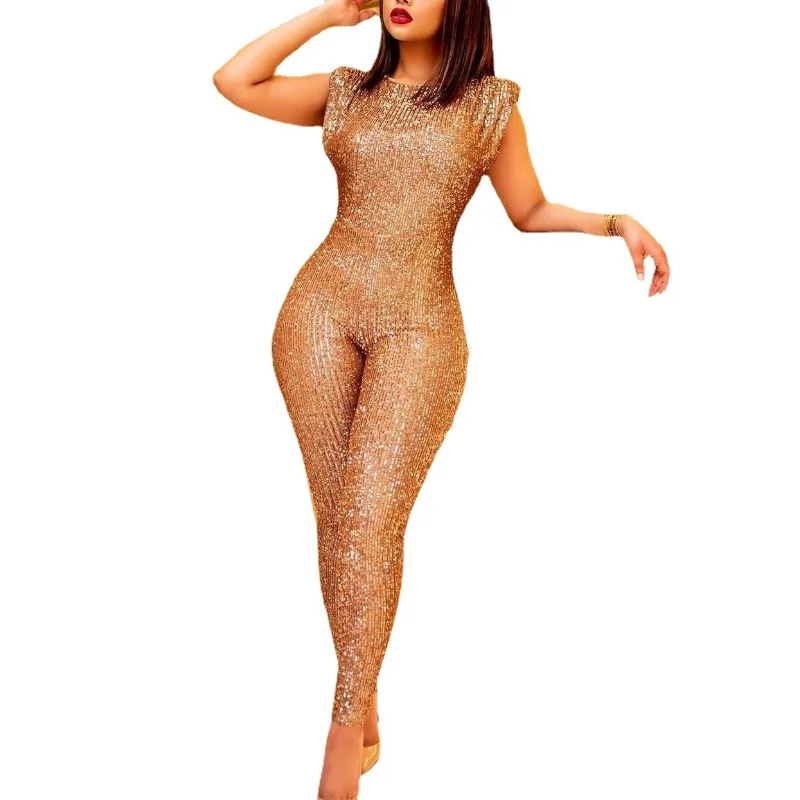 Wepbel High Waist Sexy Sleeveless Jumpsuit Pencil Pants Fashionable Sequins Jumpsuits Women Bodycon Jumpsuits Without Belt