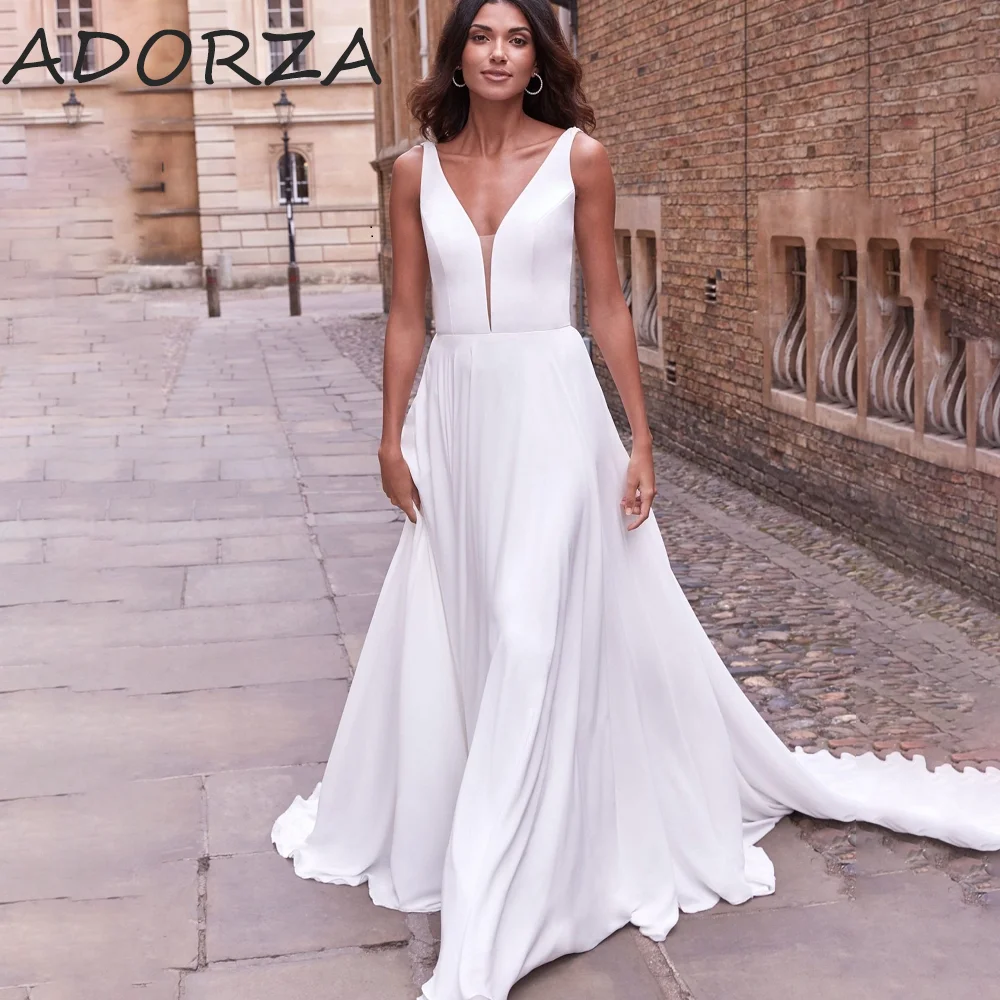 

Adorza A-line Wedding Dresses Simple Modern V-Neck Soft Satin Lace Appliques Lace Up BackStyle Bridal Gown فستان حفلات الزفاف