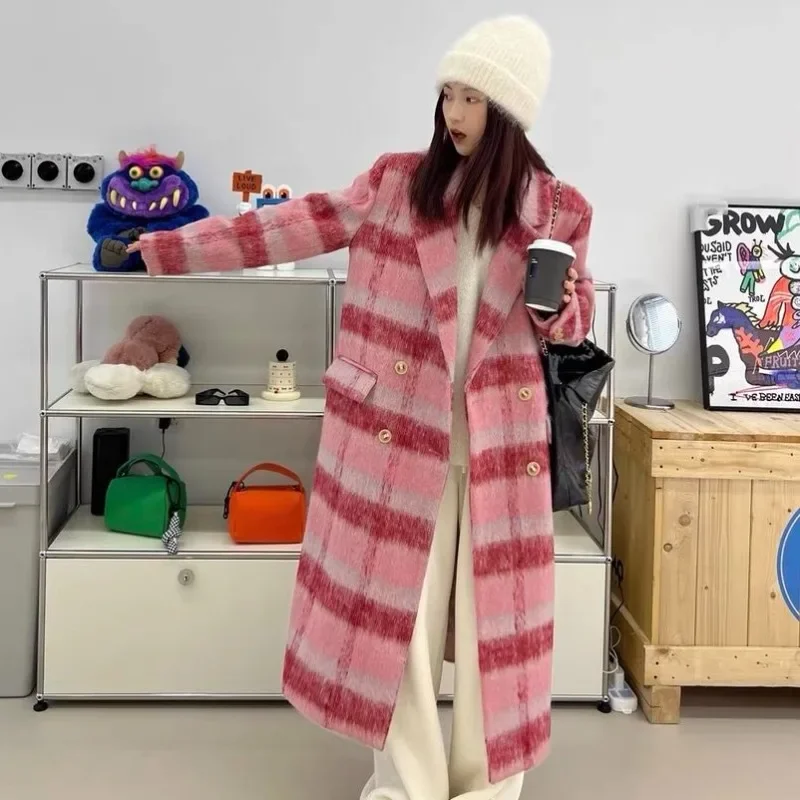 Women Temperament Fashion Woolen Coat Winter New Female Korean Style Loose Thicken Long Plaid Outcoat High-Grade Casual Outwear