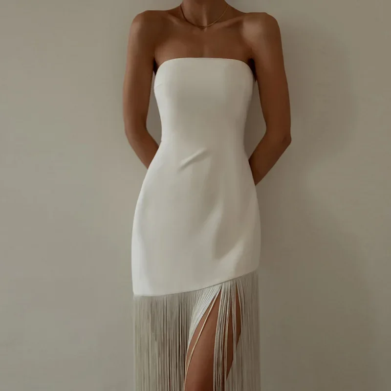 

Prom Dresses For Women 2022 Fringed Sexy Tube Top Slit Midi Skirt Nightclub Party Dress Elegant Ladies Solid Clothing Vestidos