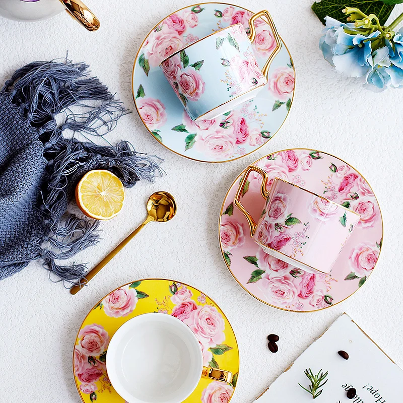 

Fashion Phnom Penh rose ceramic coffee cup household coffee cup and Saucer Set simple afternoon tea flower tea cup with spoon