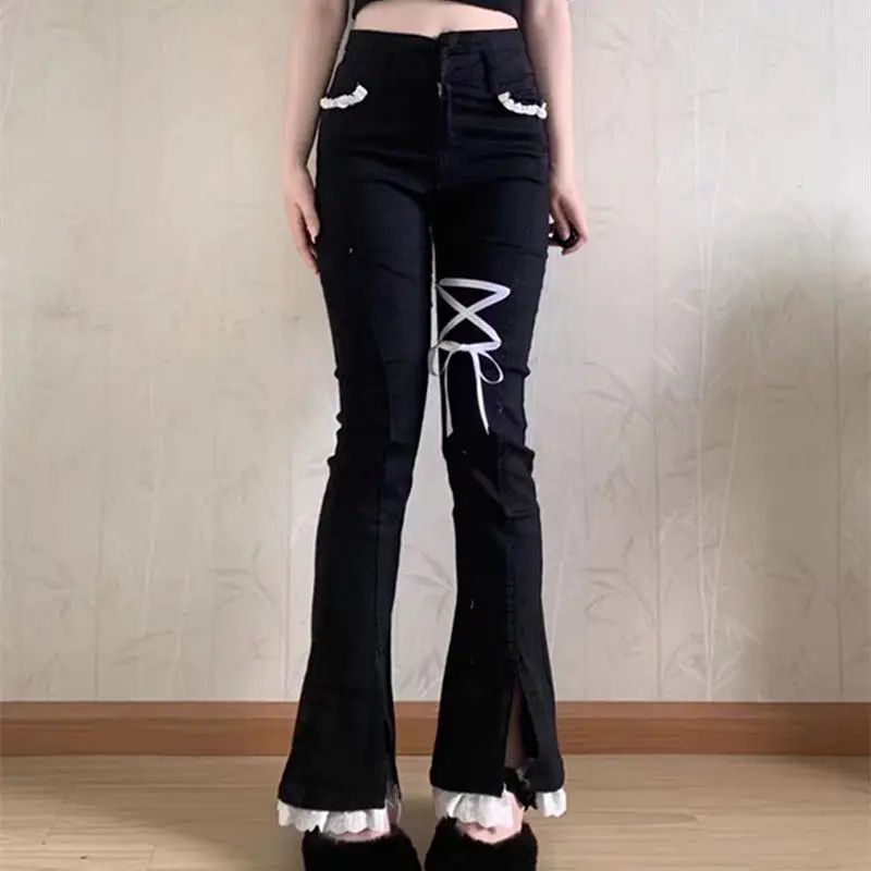 2024Spring Autumn New High Waist Solid Color Sweet Spicy Girl Small Stature Lace Strap Ins Slim Fit Elastic Clothing Women Pants
