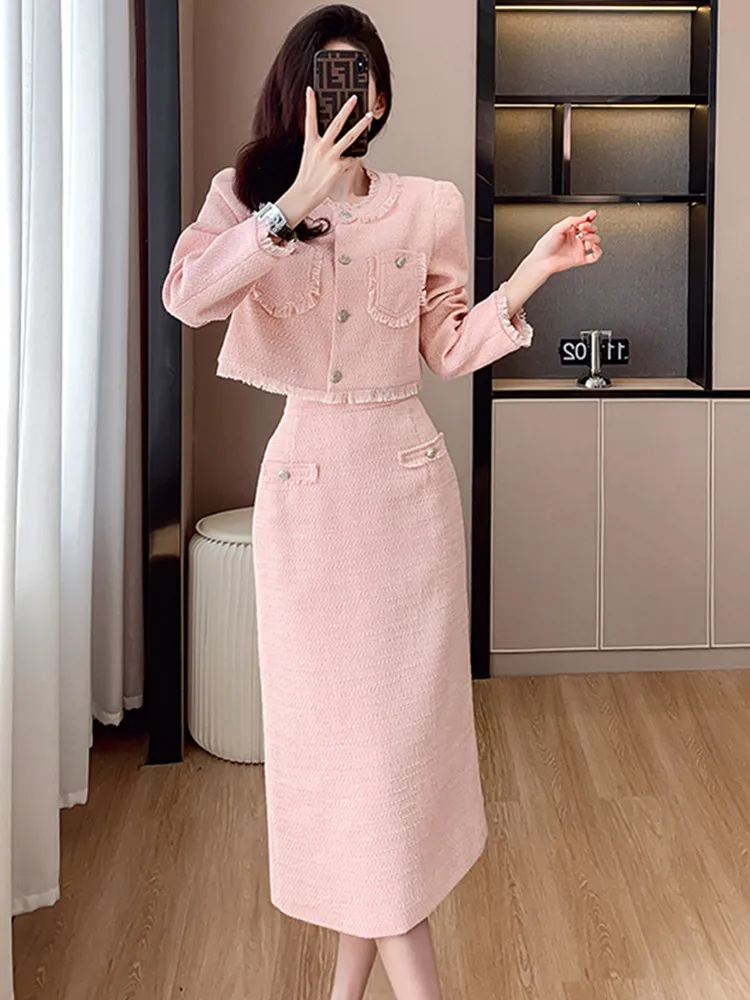 

SMTHMA High-End New Autumn Winter French Small Fragrance Style Tweed Two Piece Set Women Luxury Pink Woolen Long Skirt Sets